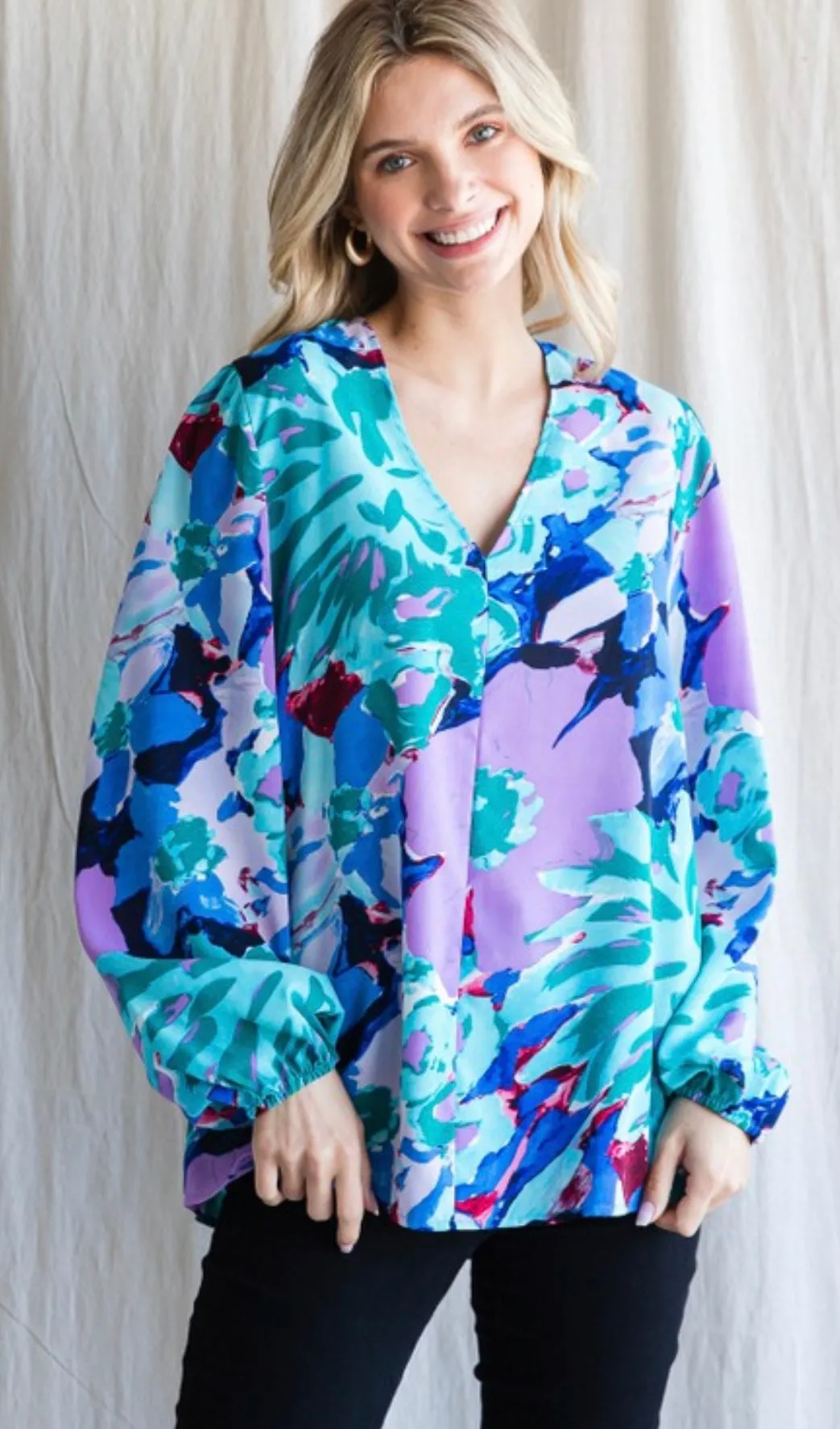 1 : Jodifl Blue Floral Print Long  Bubble Sleeve Top