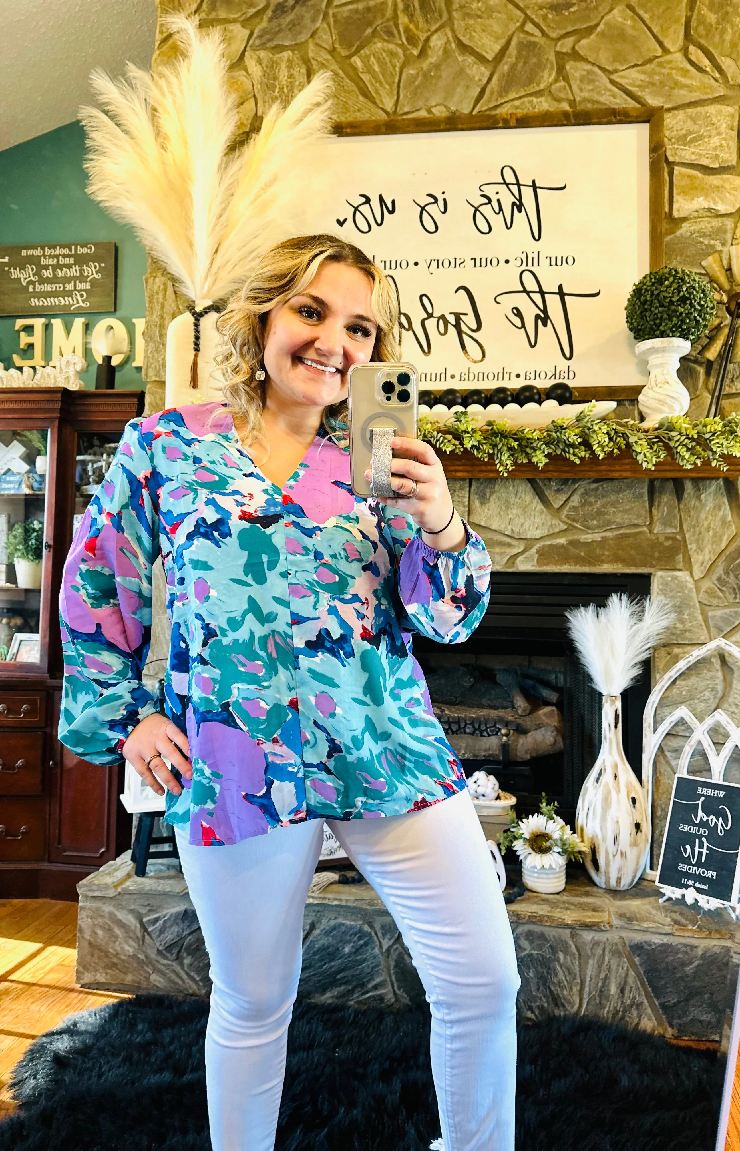 1 : Jodifl Blue Floral Print Long  Bubble Sleeve Top