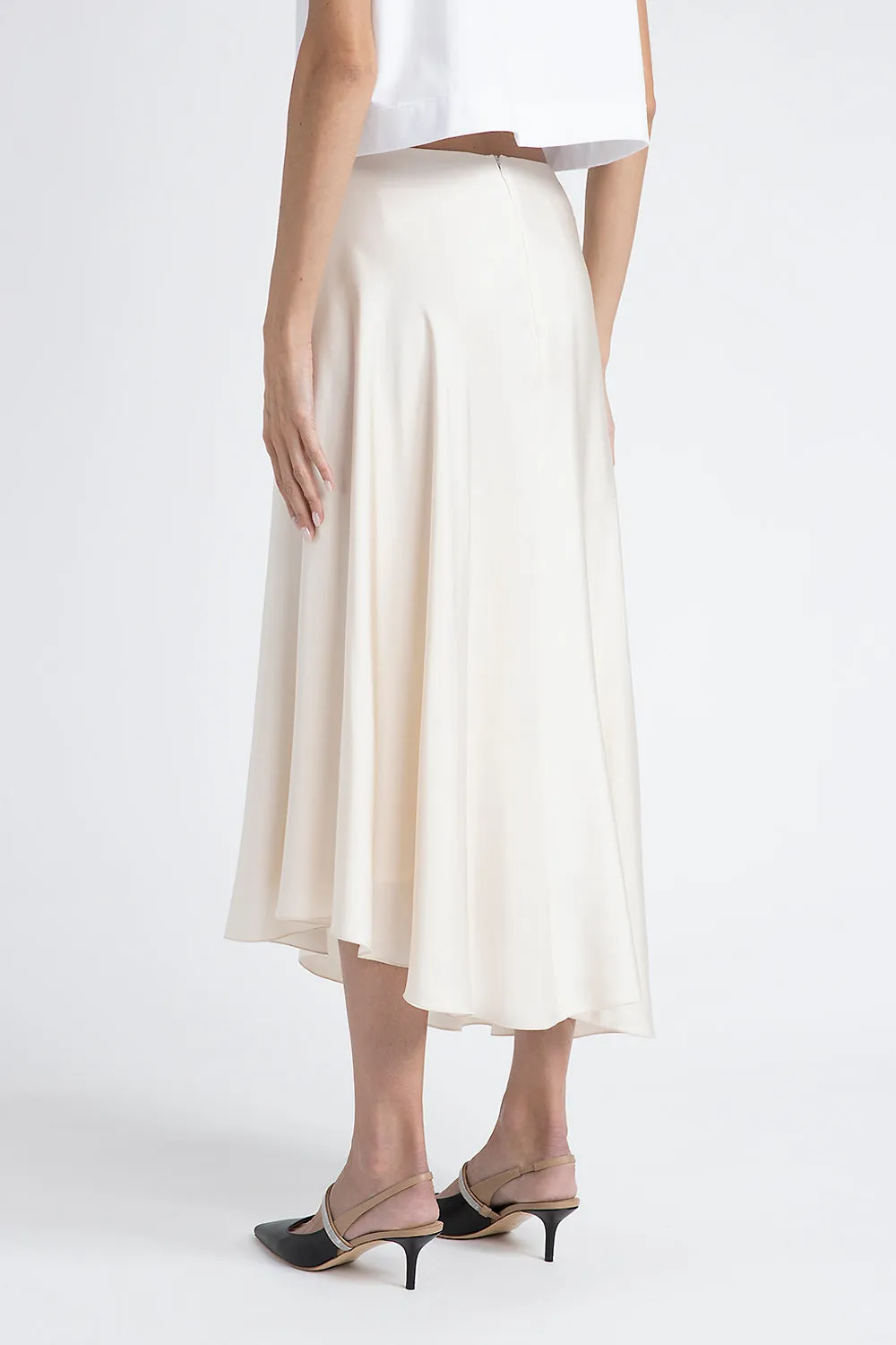 Asymmetrical viscose satin midi skirt