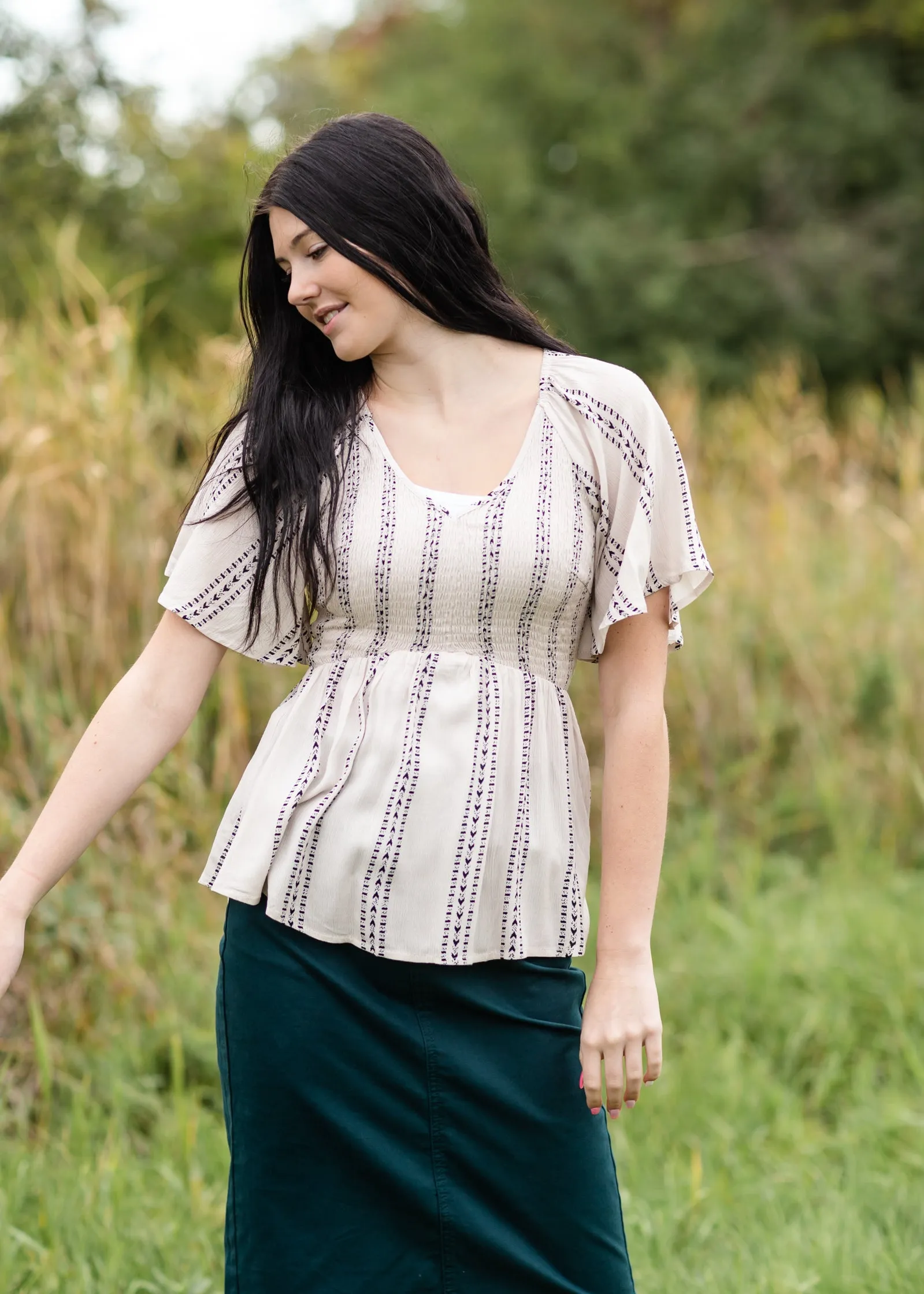 Aztec Print V-Neck Smocking Peplum Blouse Top - FINAL SALE