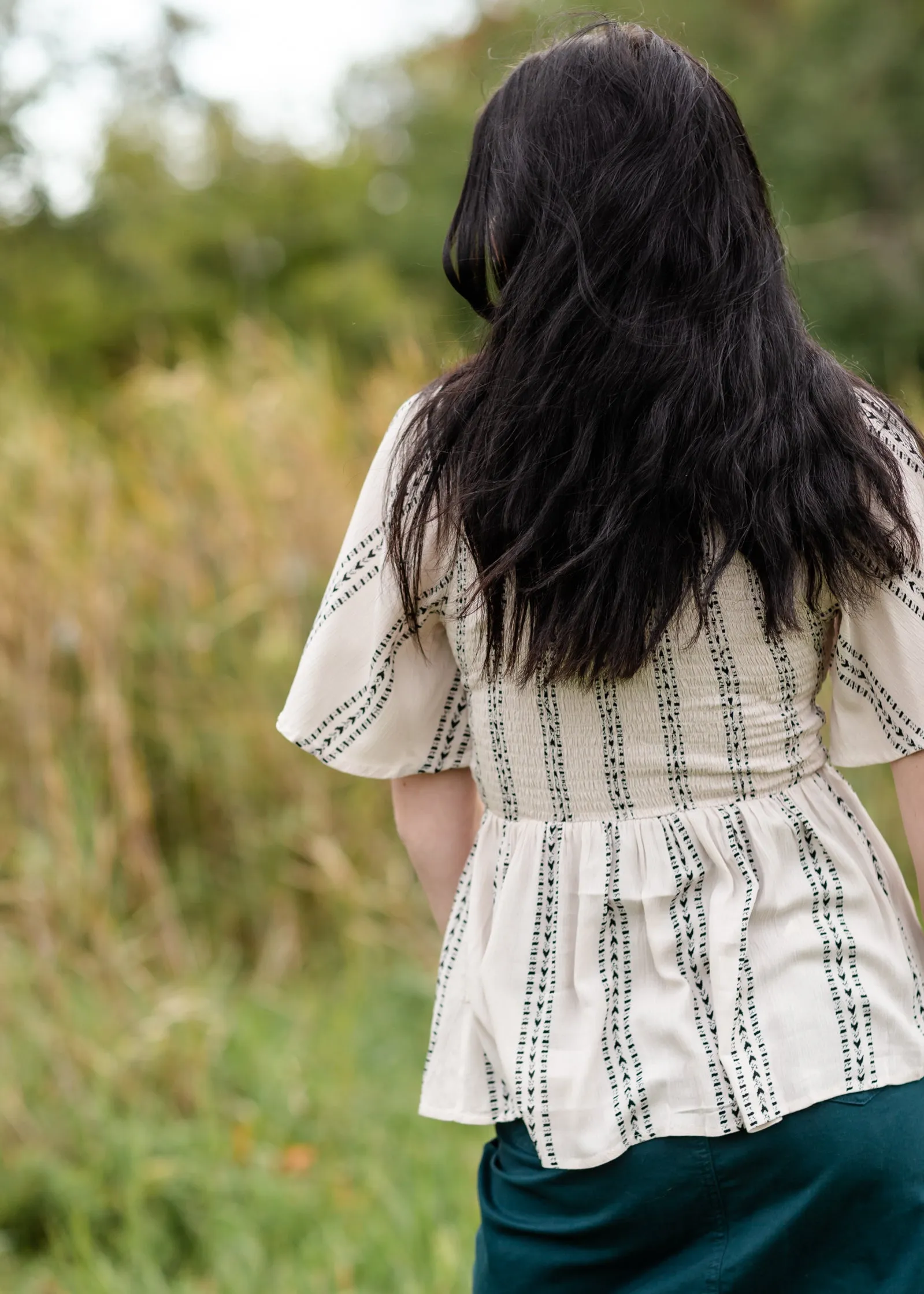 Aztec Print V-Neck Smocking Peplum Blouse Top - FINAL SALE