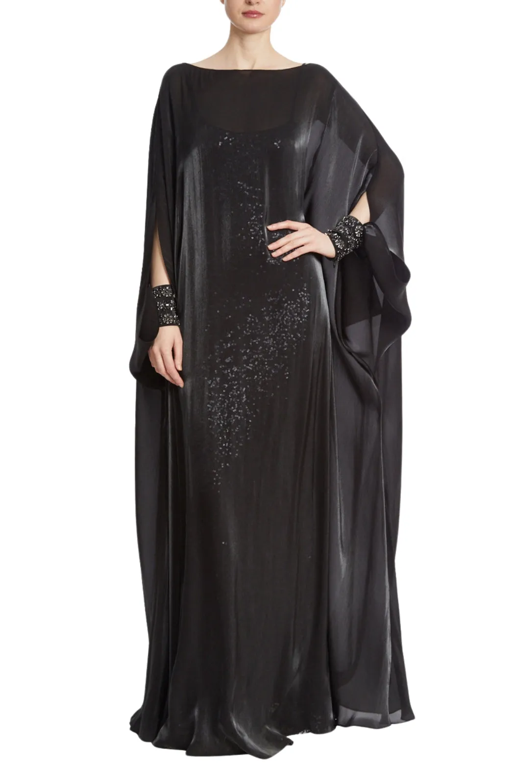 Badgley Mischka Flowy Long-Sleeved Charcoal Caftan - Wholesale