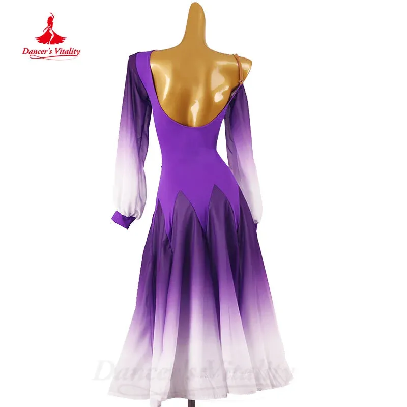 Ballroom Dance Competition Dresses Customized Elegant Long Sleeved Gradient Dress Tango Waltz Modern Dancing Performance Costume