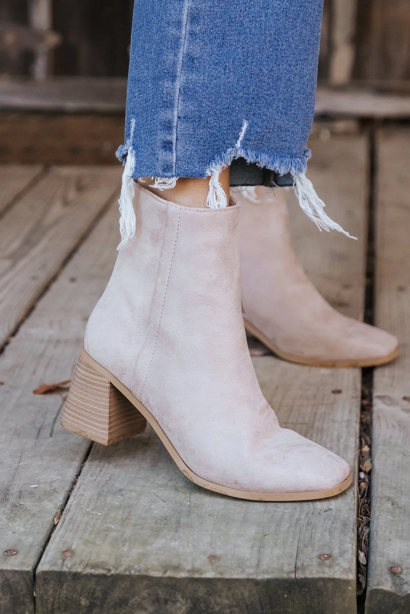 Beige Faux Suede Heeled Ankle Booties