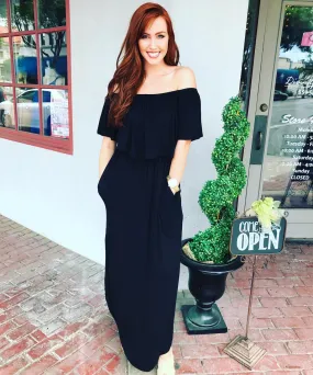 Bewitching Black off the Shoulder Flowy Maxi Dress - Black