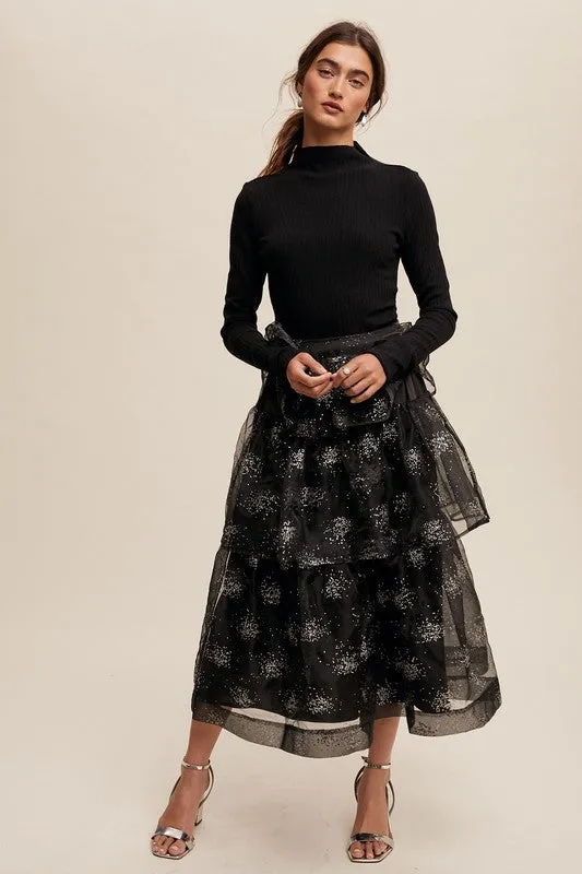 Black Sparkle Organza Tiered Maxi Skirt