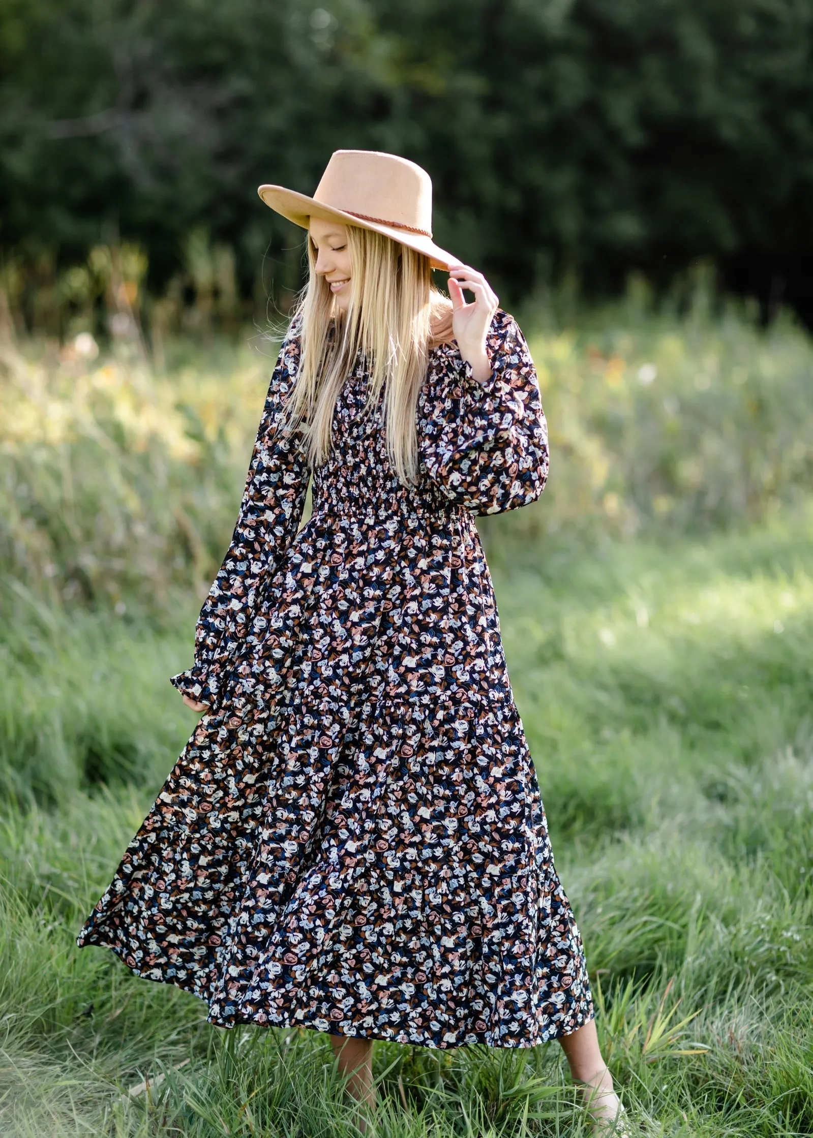 Black Square Neck Smocked Long Sleeve Printed Maxi Dress - FINAL SALE