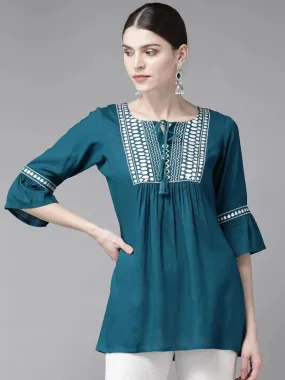 Blue Embroidered Rayon Kurti