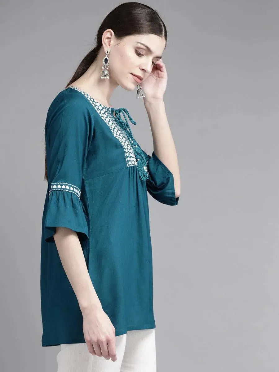 Blue Embroidered Rayon Kurti