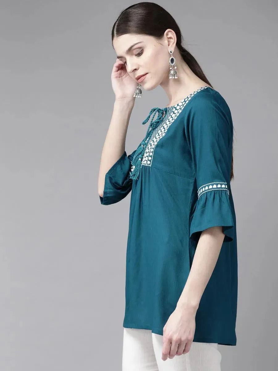 Blue Embroidered Rayon Kurti