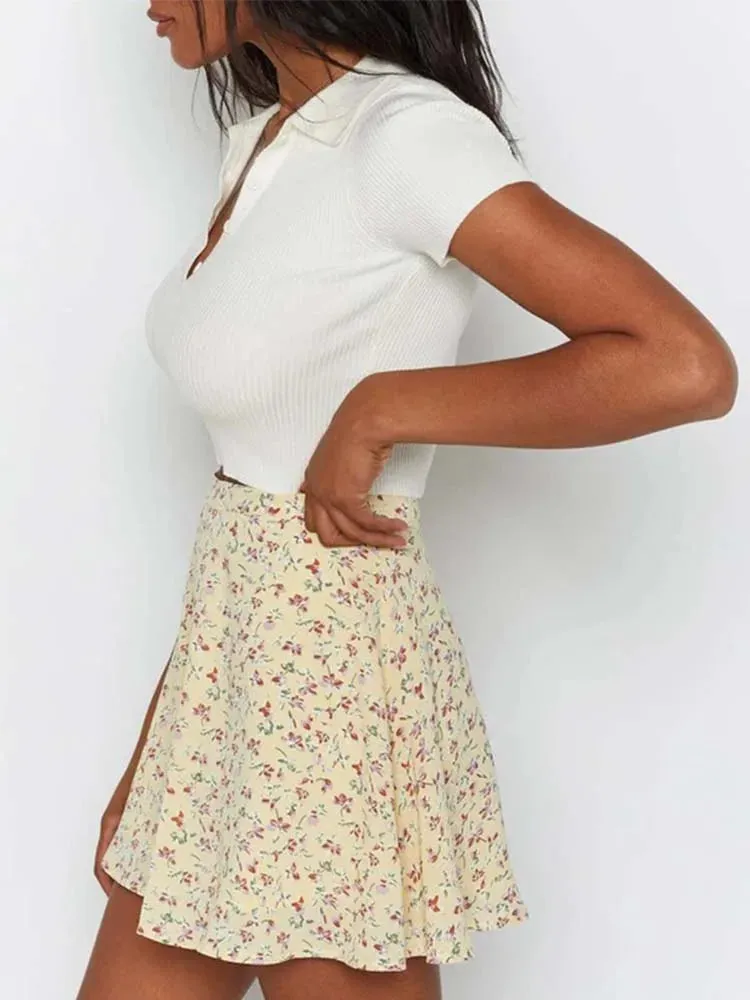 Boho Floral High Waist Pleated Beach Frills Mini Skirt