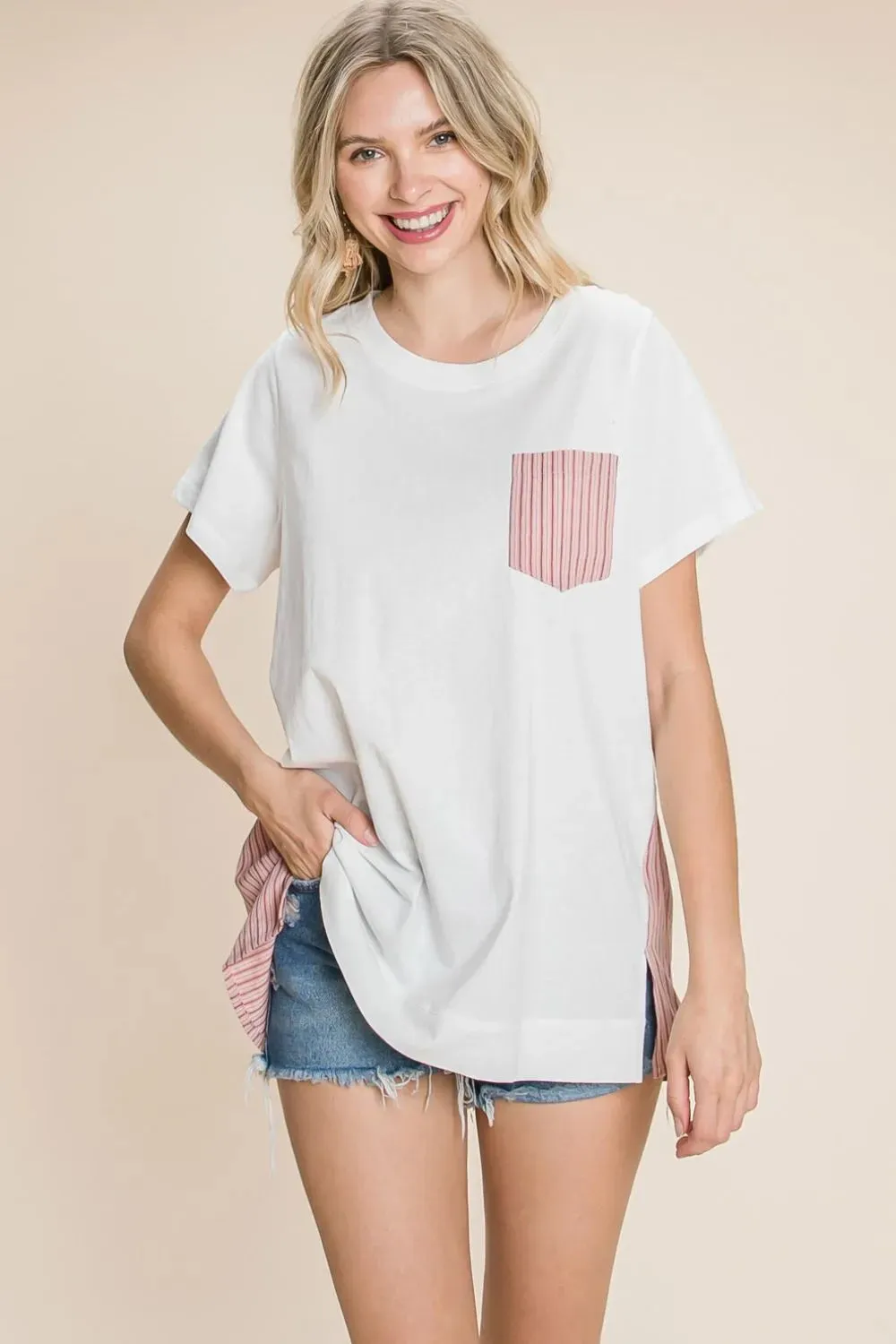 by Nu Label Contrast Striped Short Sleeve T-Shirt