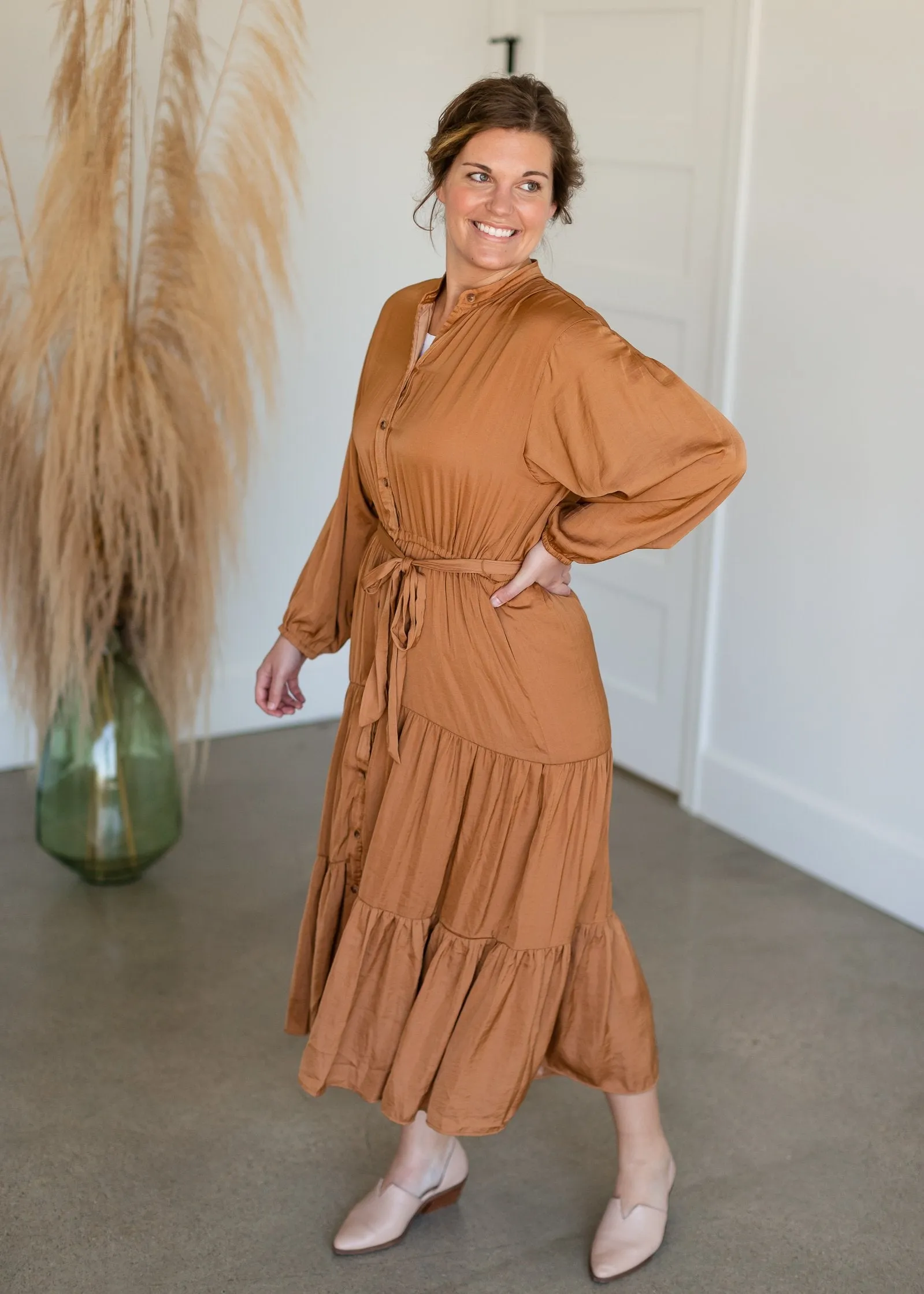 Camel Button Up Crinkle Tiered Midi Dress - FINAL SALE