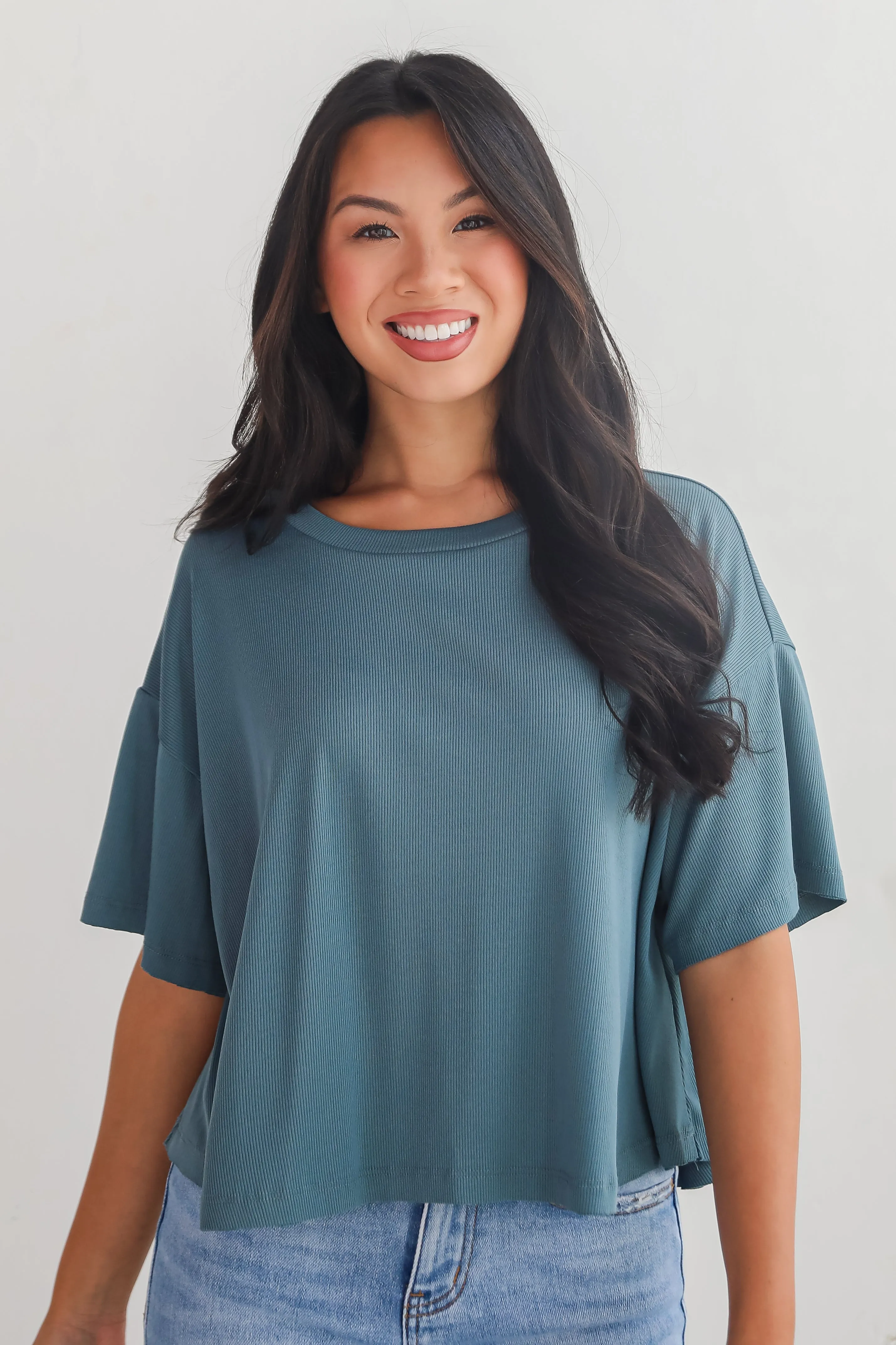 Catherine Teal Ribbed Knit Tee - DU DEAL