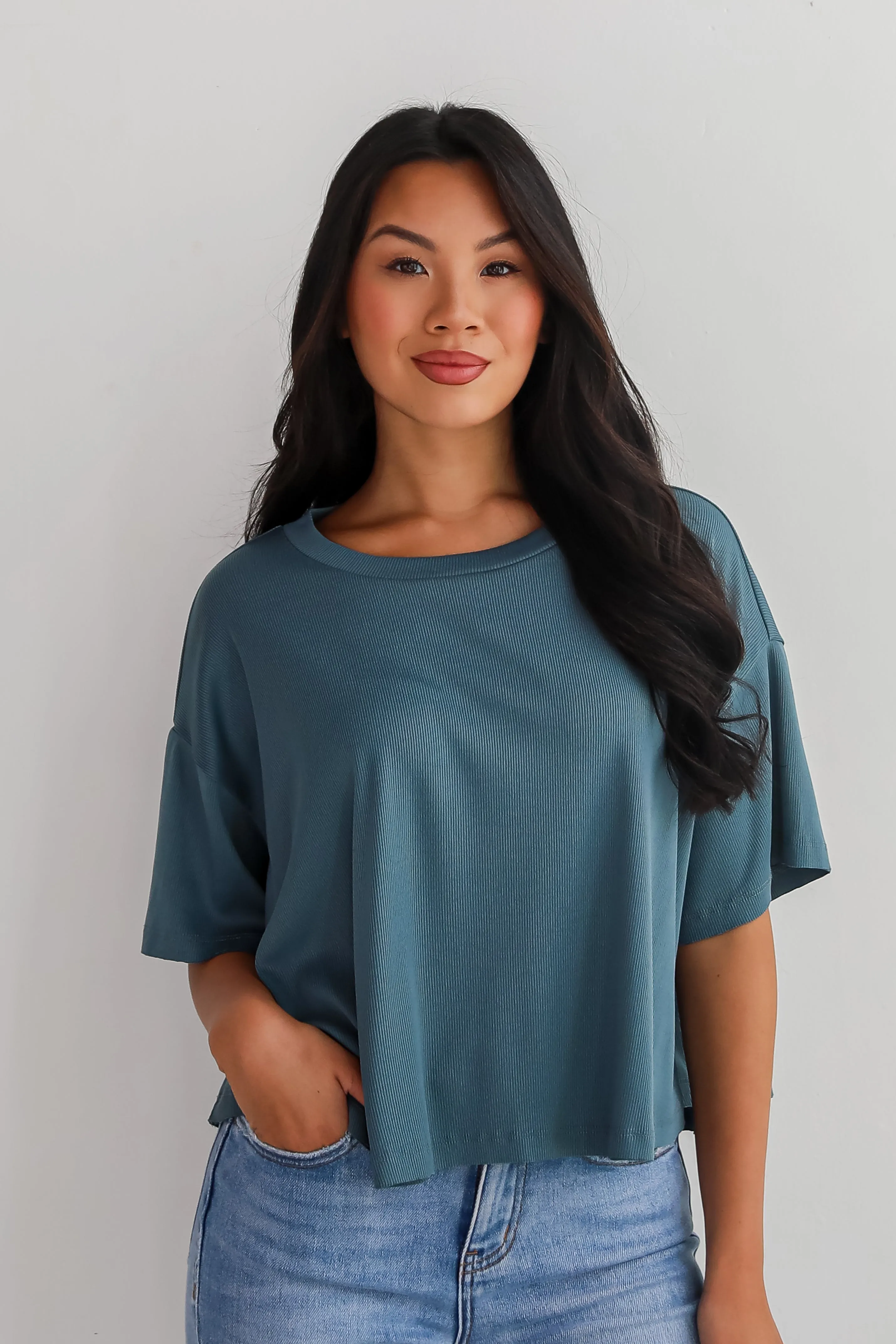 Catherine Teal Ribbed Knit Tee - DU DEAL