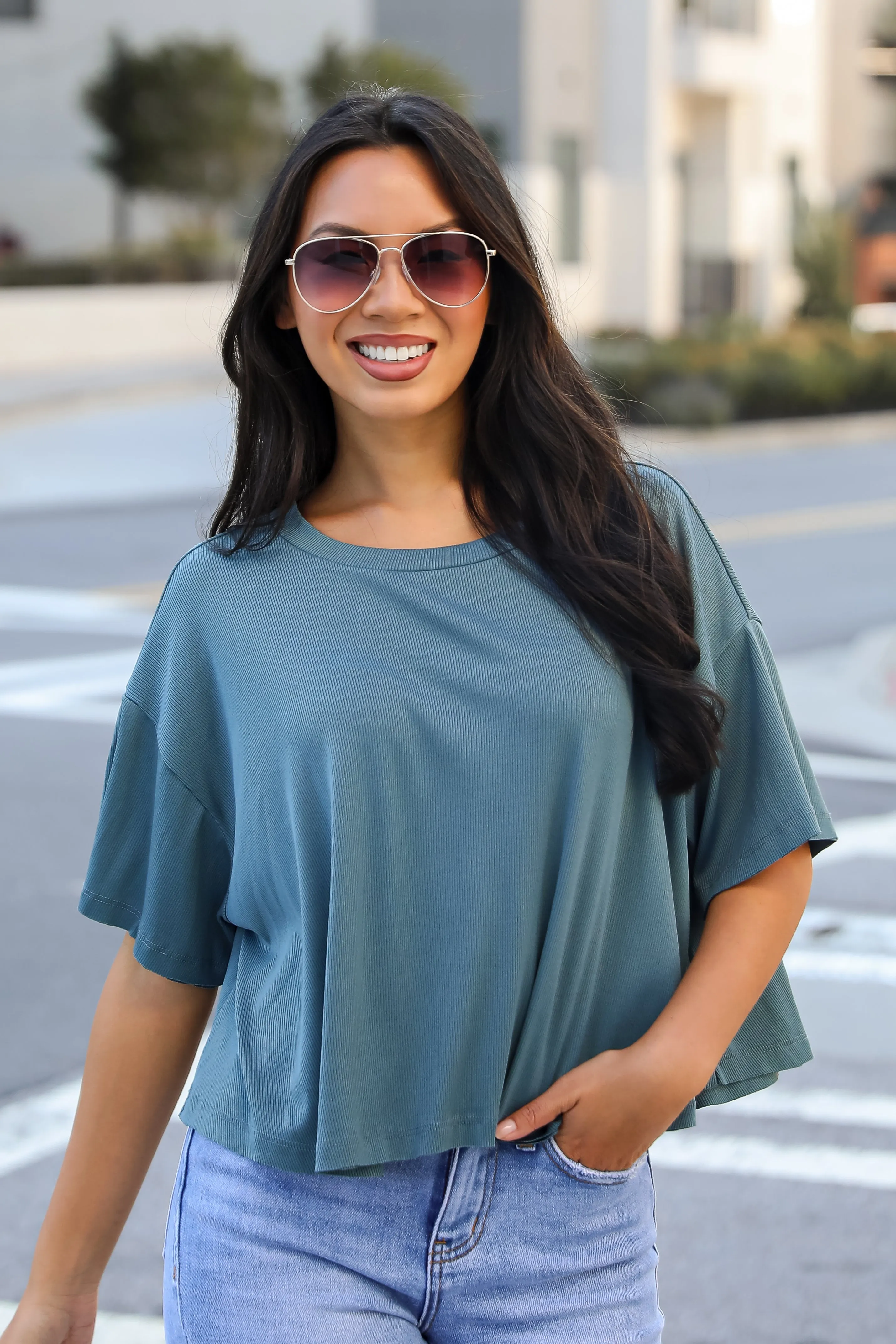 Catherine Teal Ribbed Knit Tee - DU DEAL