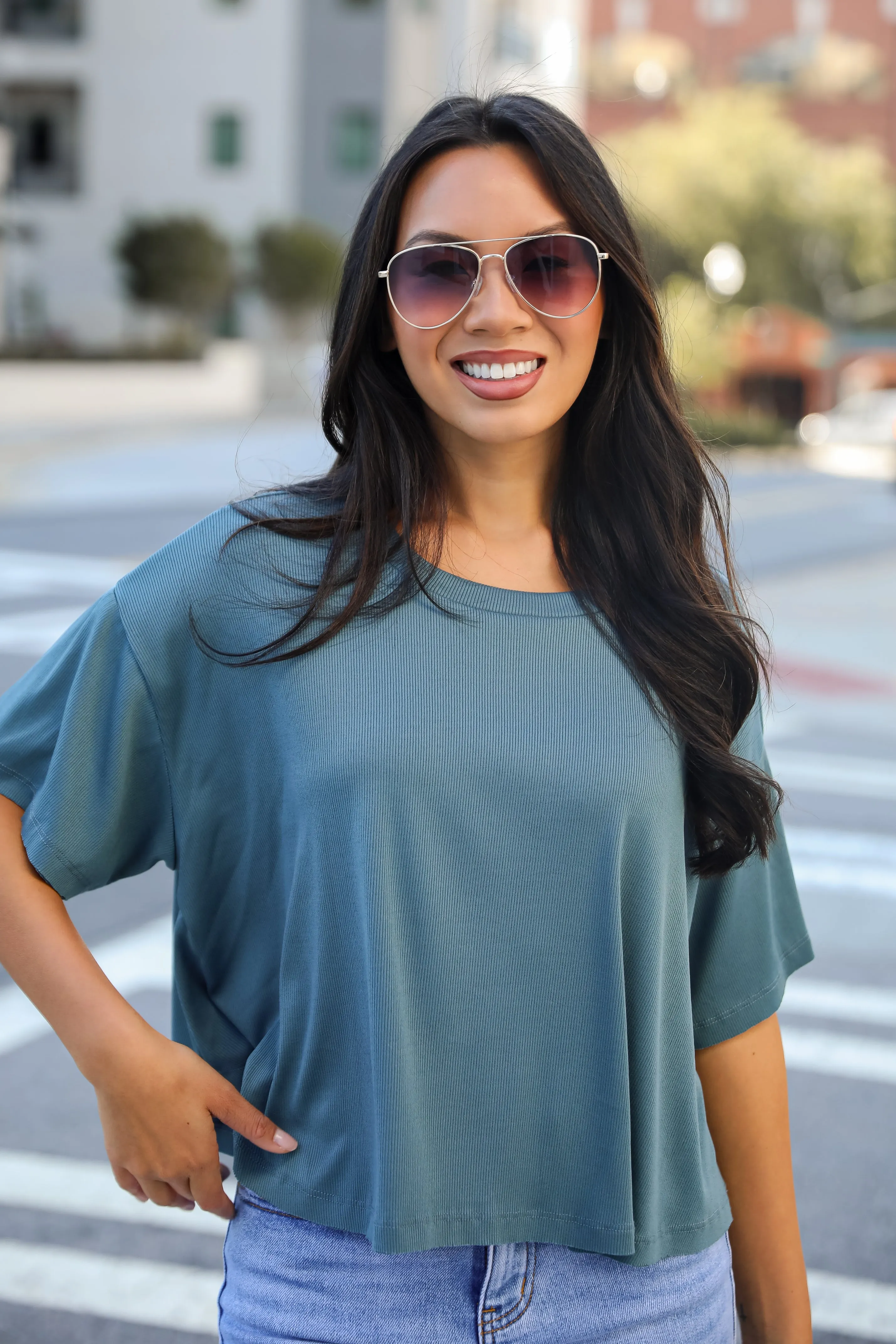 Catherine Teal Ribbed Knit Tee - DU DEAL