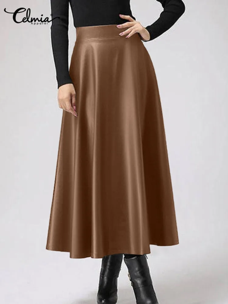 Celmia 2023 Autumn PU Leather Midi Skirts Women Elegant OL High Waist Party Skirt Fashion Office Lady Solid Jupe Street Faldas