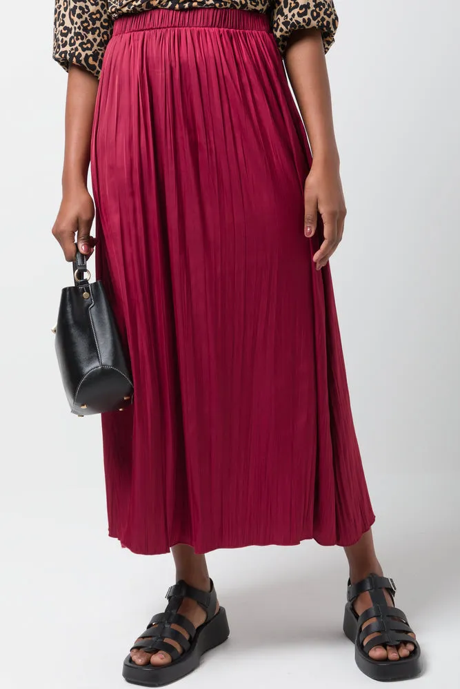 Crinkled Satin Flared Skirt Burgundy