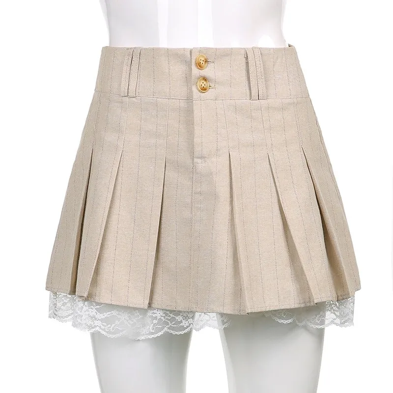 Cute and Preppy High Waist Pleated Lace Skirt