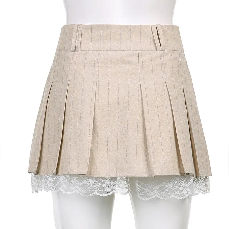 Cute and Preppy High Waist Pleated Lace Skirt