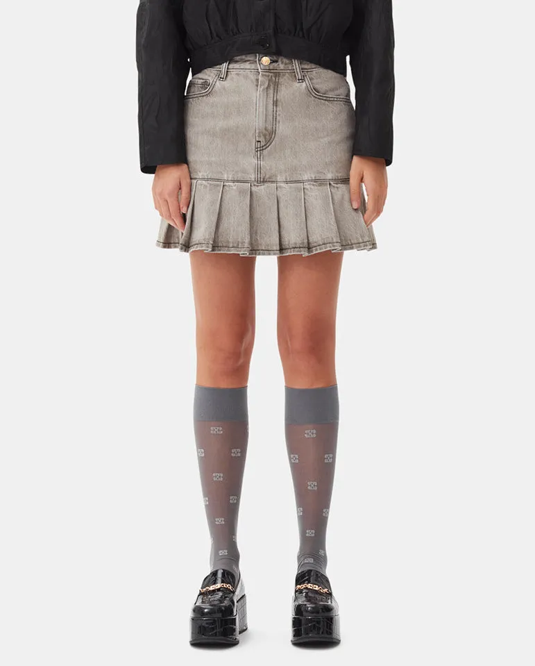 Denim Pleated Mini Skirt Gray Quill