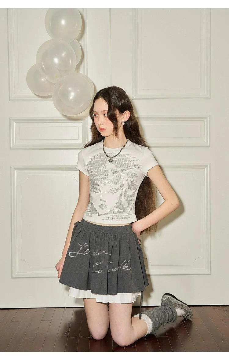 Diddi Moda Women'S Rhinestone Embellished T-Shirt And Skirt Set - Floral And Bow Print Tee With Layered Tulle Mini Skirt