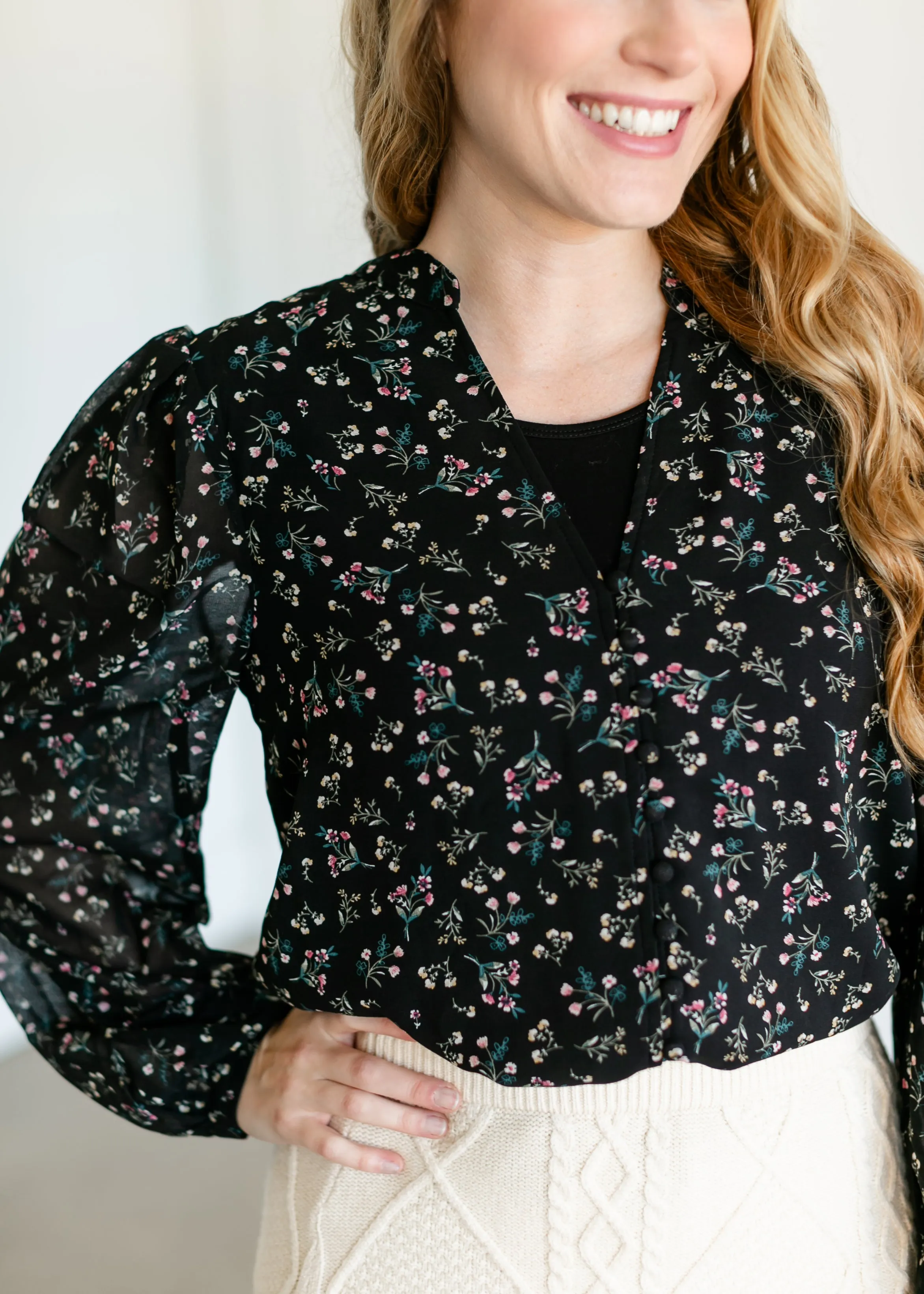 Ditsy Floral Button Chiffon Top - FINAL SALE