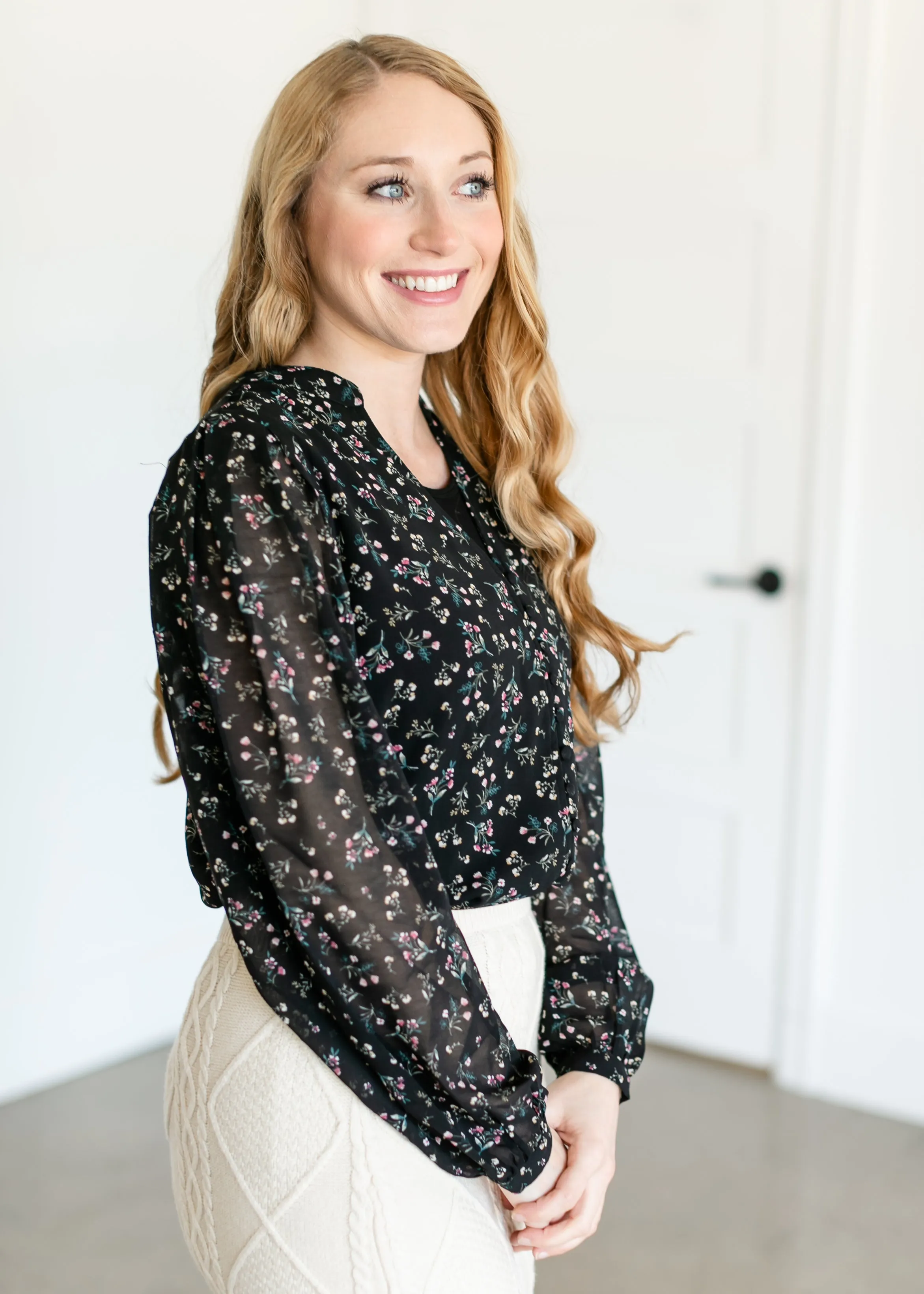 Ditsy Floral Button Chiffon Top - FINAL SALE