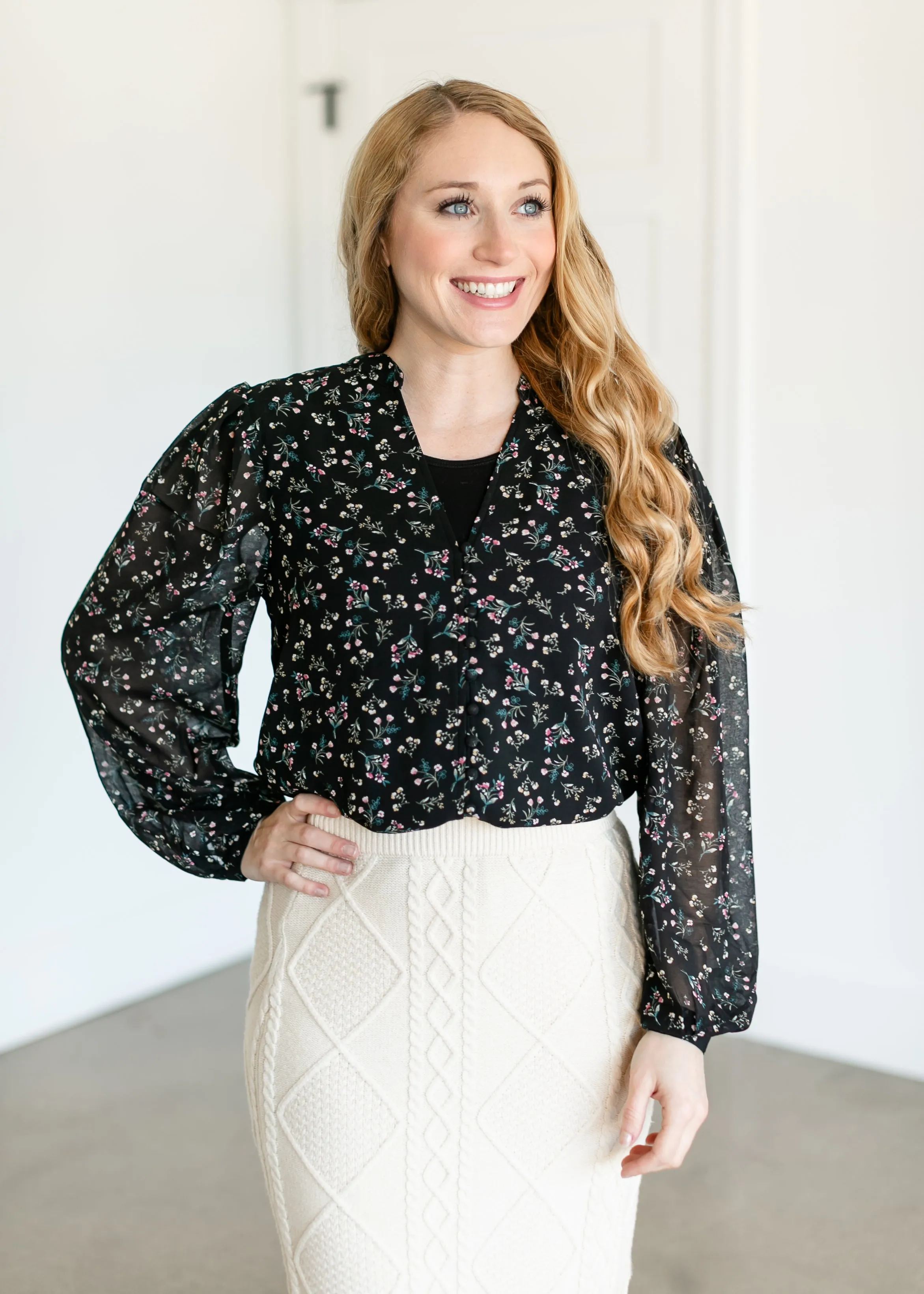 Ditsy Floral Button Chiffon Top - FINAL SALE