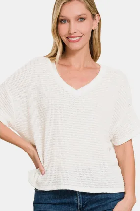 Drop Shoulder Short Sleeve Jacquard Knit Top