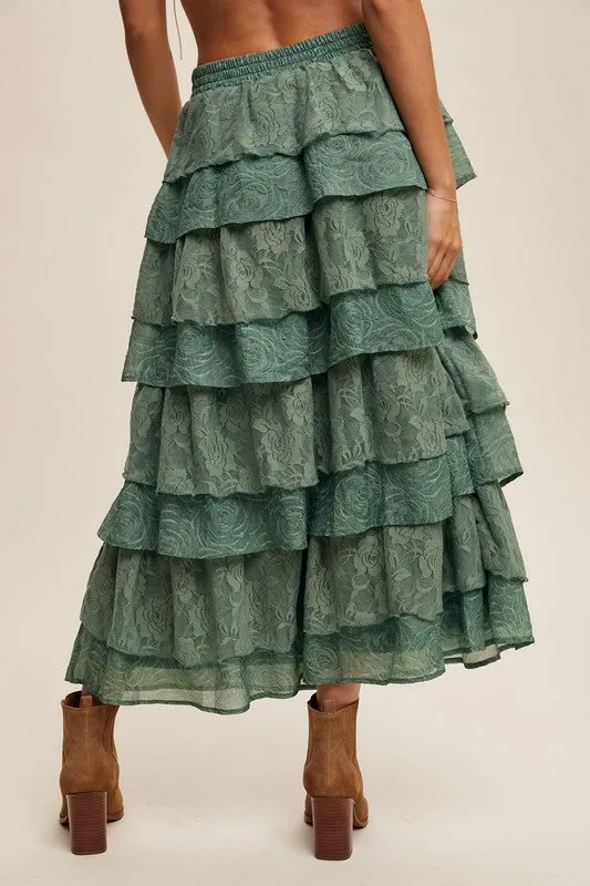 Eucalyptus Lace And Rose Jacquard Ruffle Tiered Maxi Skirt