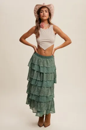 Eucalyptus Lace And Rose Jacquard Ruffle Tiered Maxi Skirt