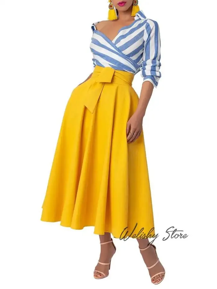 Fashion Elegant Yellow A-line Satin Skirts For Women Custom Made Female Formal Ankle Length Long Skirt Faldas Largas Muje S4224368