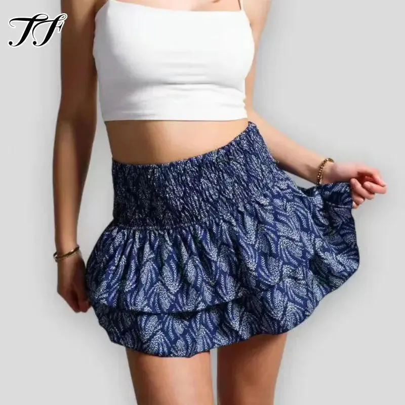 Female vacation miniskirt Ruffle Edge Printed Skirt Women Fashion New Floral Pleated Short Skirt Female Vacation Boho Miniskirt Sexy Girl Y2k Skirts Mujer