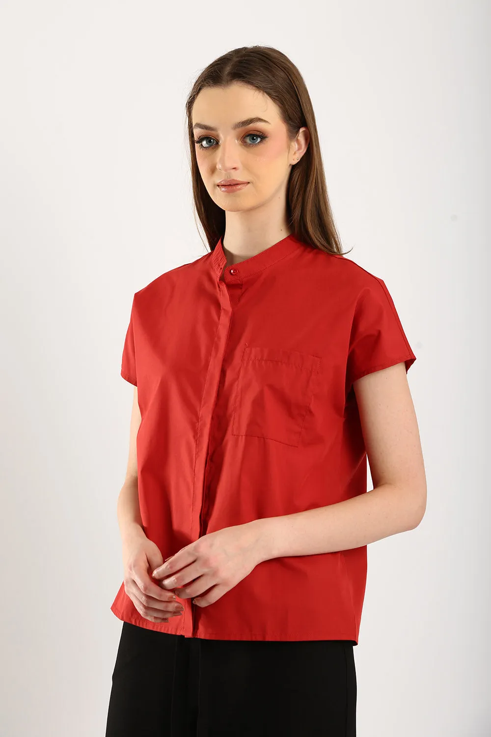 Ferrey Mandarin Collar Top in Red