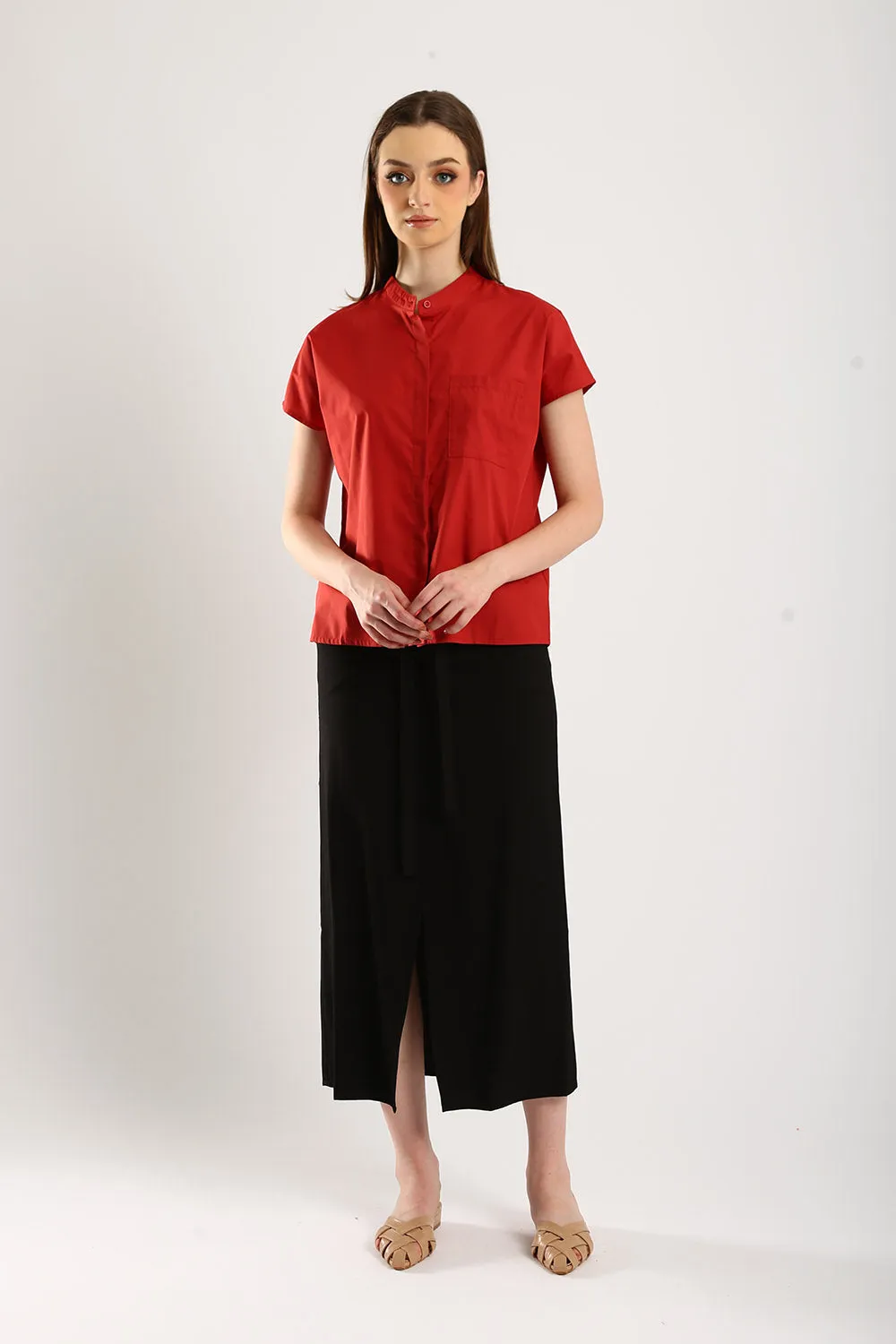 Ferrey Mandarin Collar Top in Red