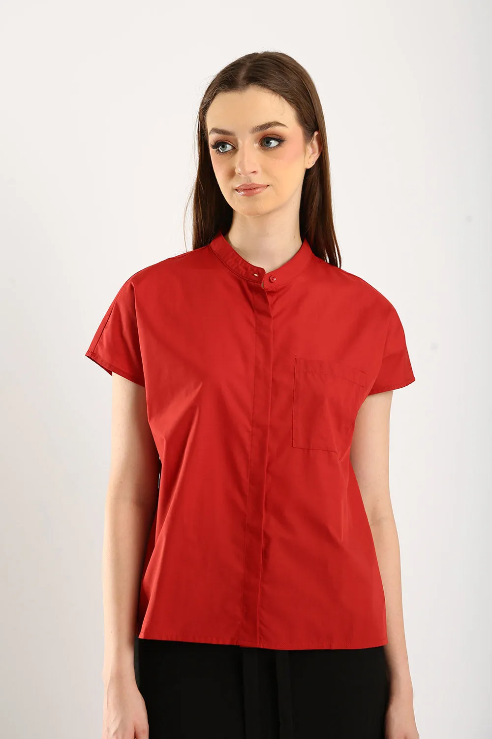 Ferrey Mandarin Collar Top in Red