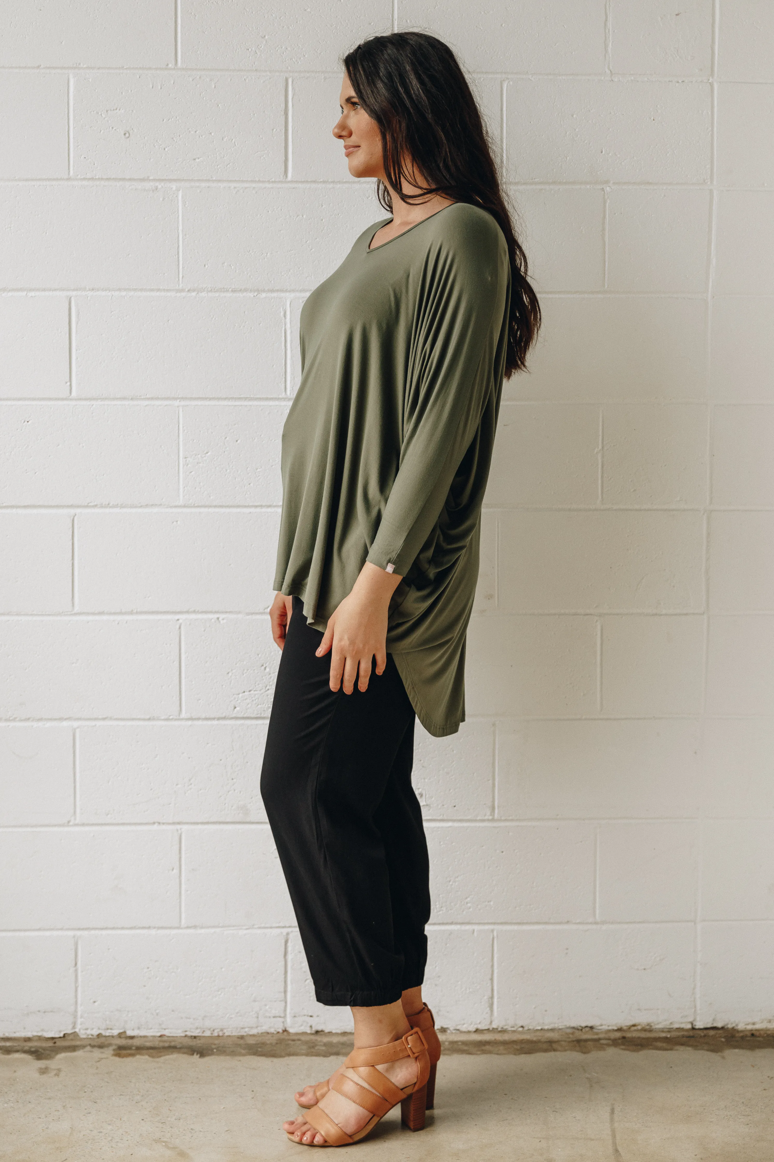 FINAL SALE Long Sleeve Hi Low Miracle Top in Khaki