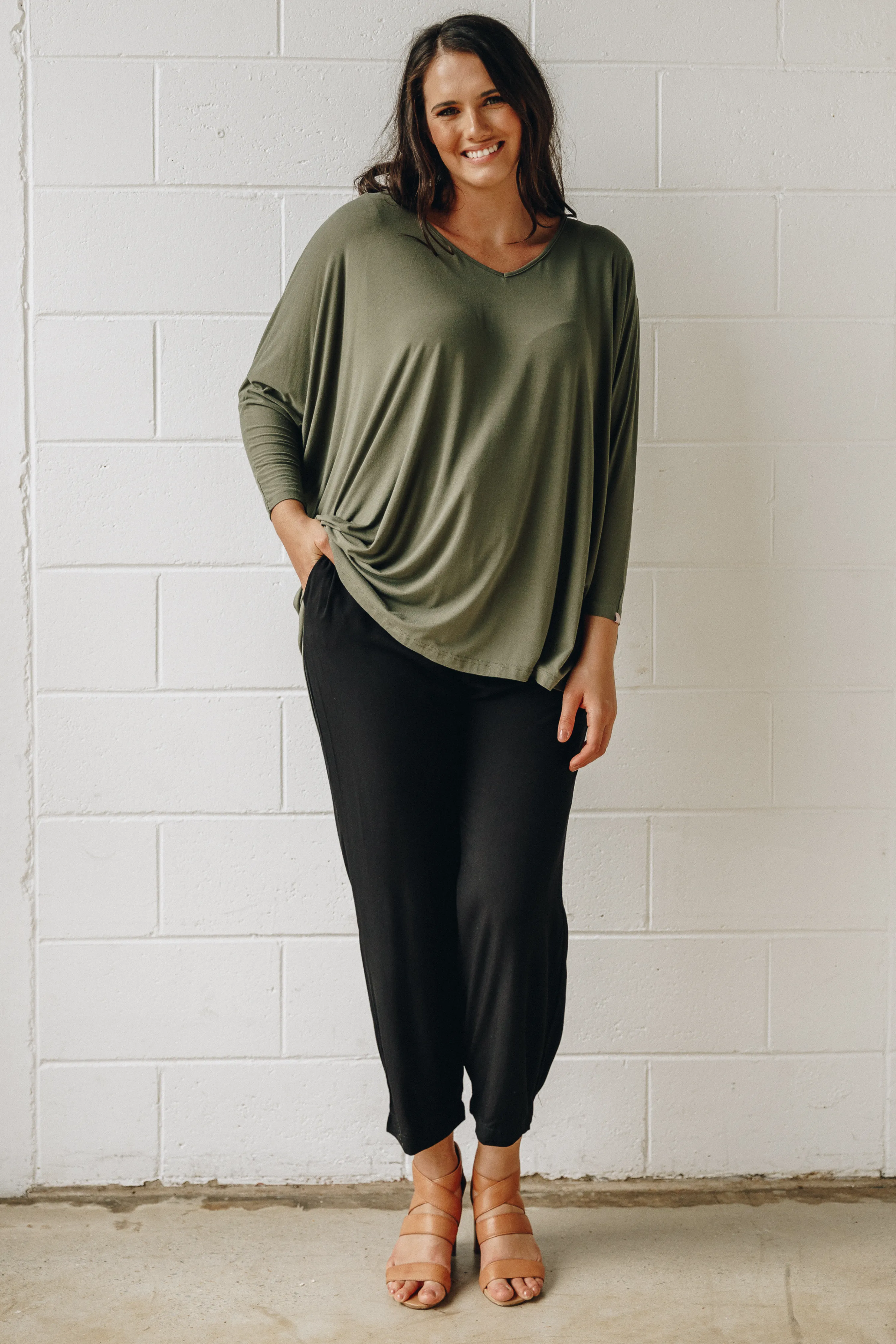 FINAL SALE Long Sleeve Hi Low Miracle Top in Khaki