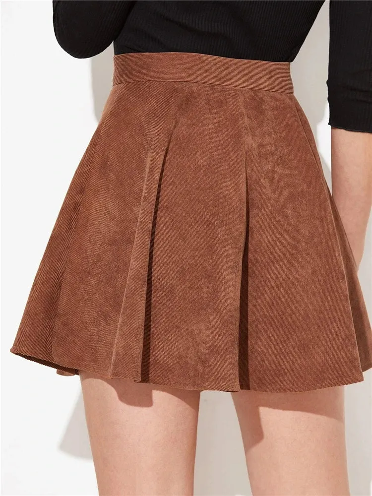 Flare Corduroy Mini Pleated Skirt with Button Up