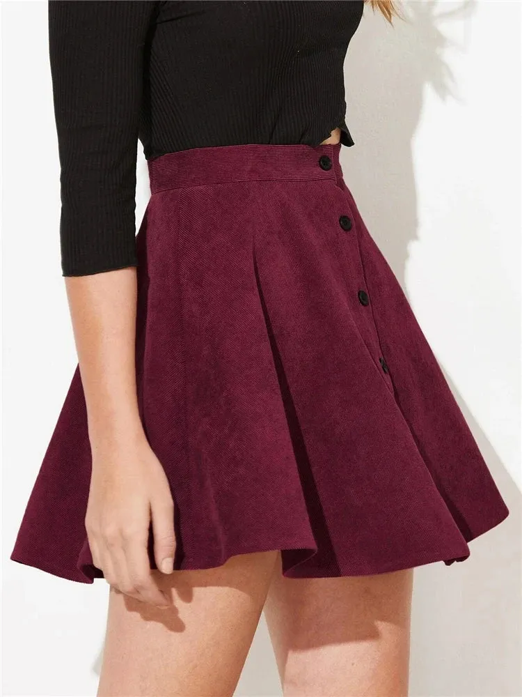 Flare Corduroy Mini Pleated Skirt with Button Up