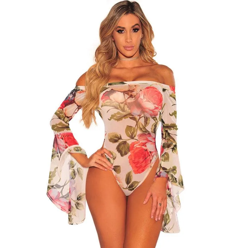 FLARE SLEEVE MESH FLORAL BODYSUIT