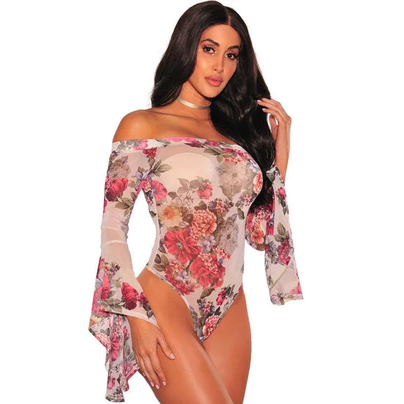 FLARE SLEEVE MESH FLORAL BODYSUIT