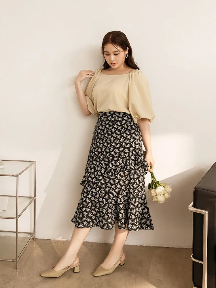 Floral Print Long Ruffle Tiered Chiffon Skirt