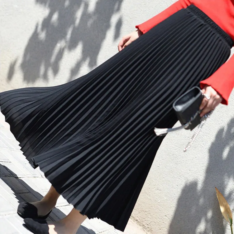 Flowy Solid Pleated Elastic High-Waist Vintage Maxi Skirts