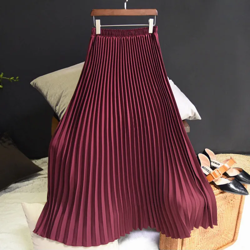 Flowy Solid Pleated Elastic High-Waist Vintage Maxi Skirts