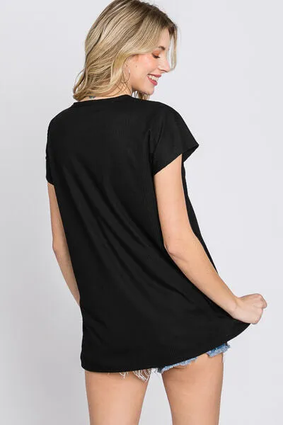 Full Size Front Button V-Neck Short Sleeve T-Shirt