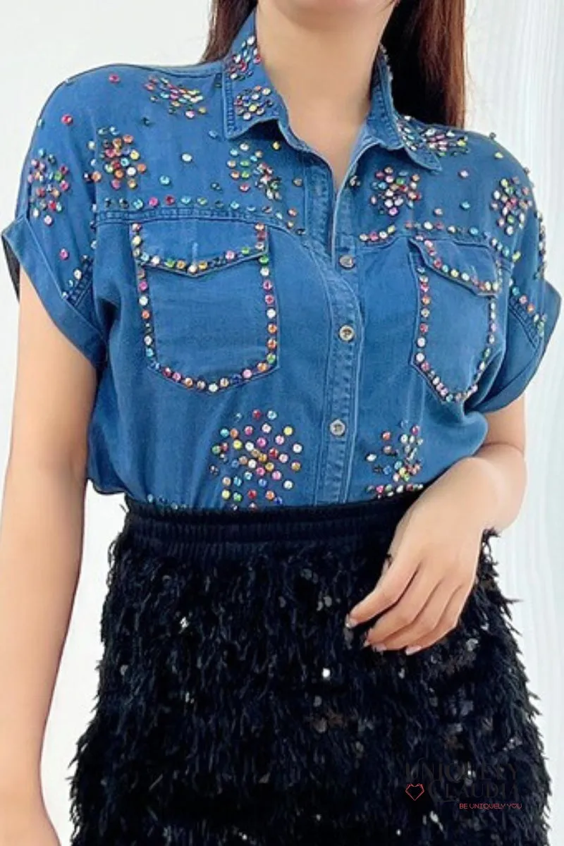 Gemma Crystal Embellished Denim Buttoned Top