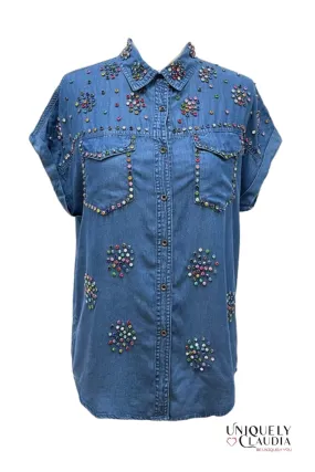 Gemma Crystal Embellished Denim Buttoned Top